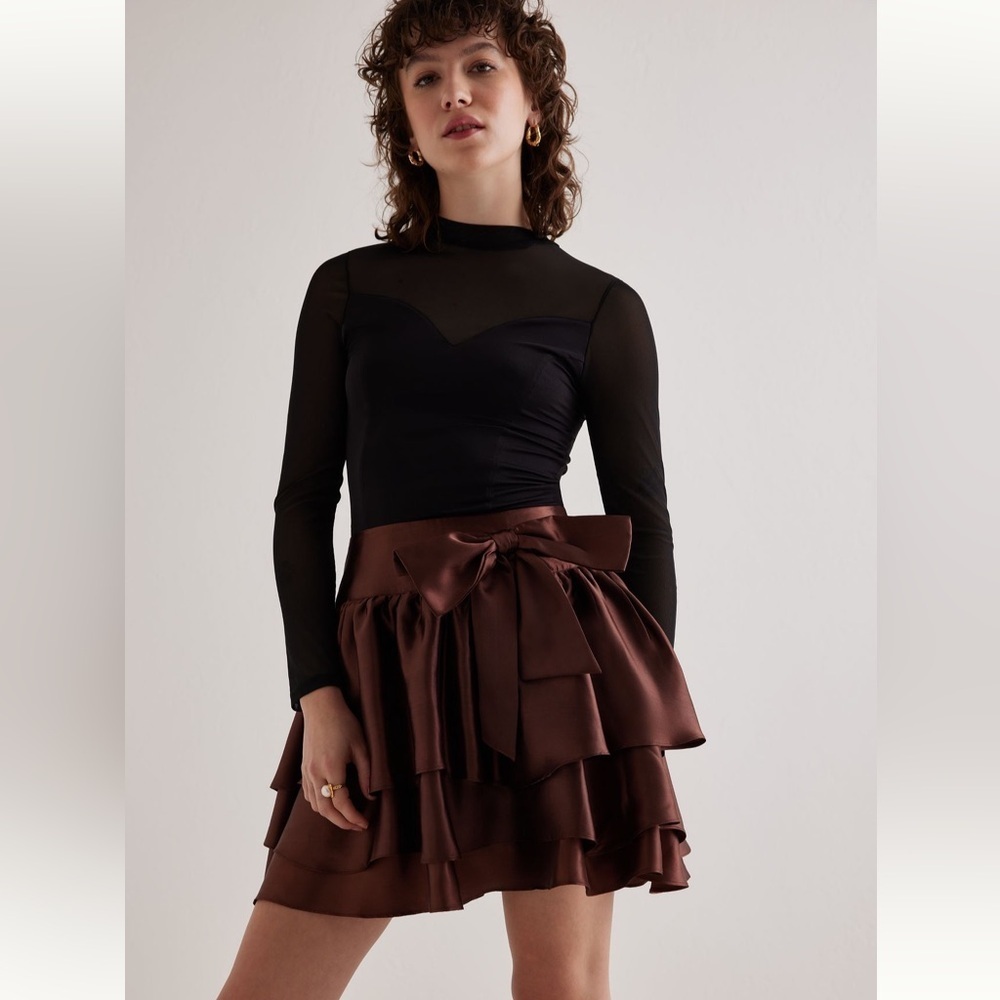 Anthropologie Elegant Brown Layered Ruffle Skirt with bow